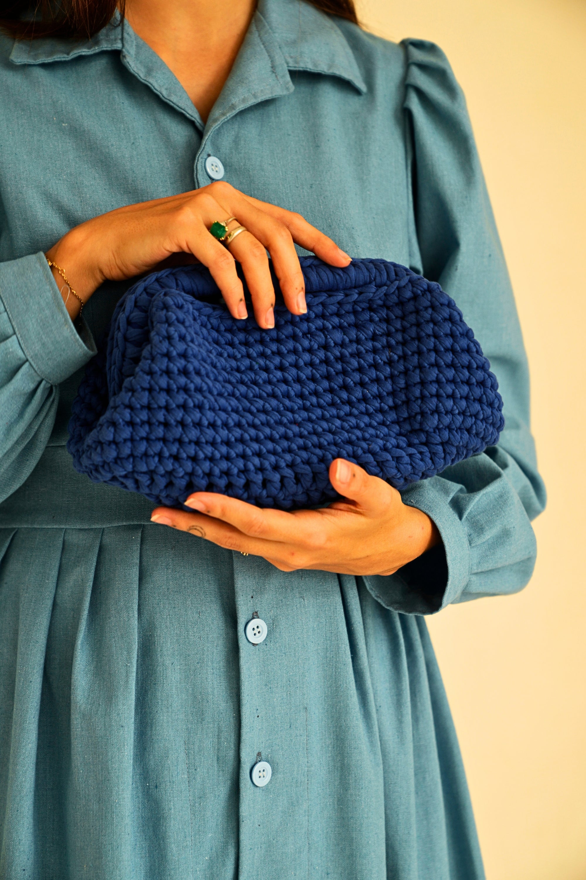 Cali Top Handle Knit Clutch — Indigo