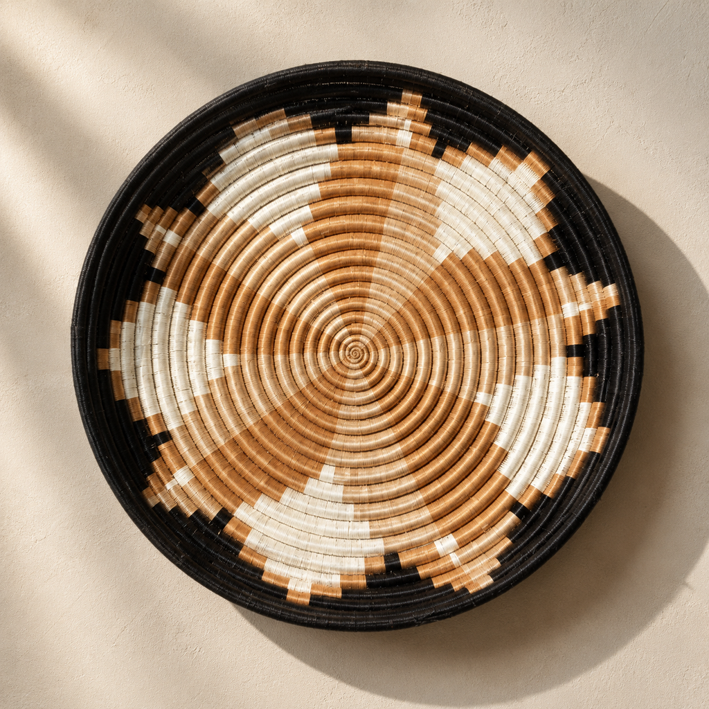 A round woven basket with a geometric starburst pattern in natural wood, cream, and black, photographed from directly above on a textured beige wall.