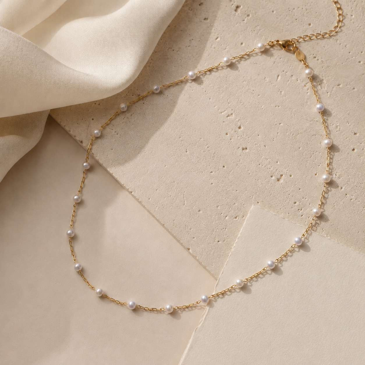 A delicate gold chain necklace adorned with small white pearls, laid out on a textured beige stone surface with draped cream fabric in the background.