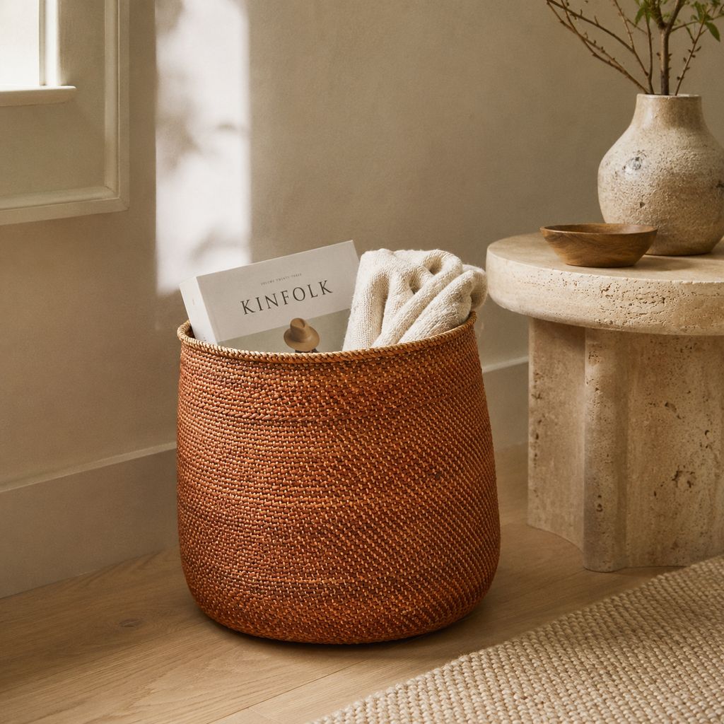 A cylindrical woven basket in a warm terracotta or rust orange-brown color, styled with a white towel and a magazine in a sunlit room next to a stone side table.