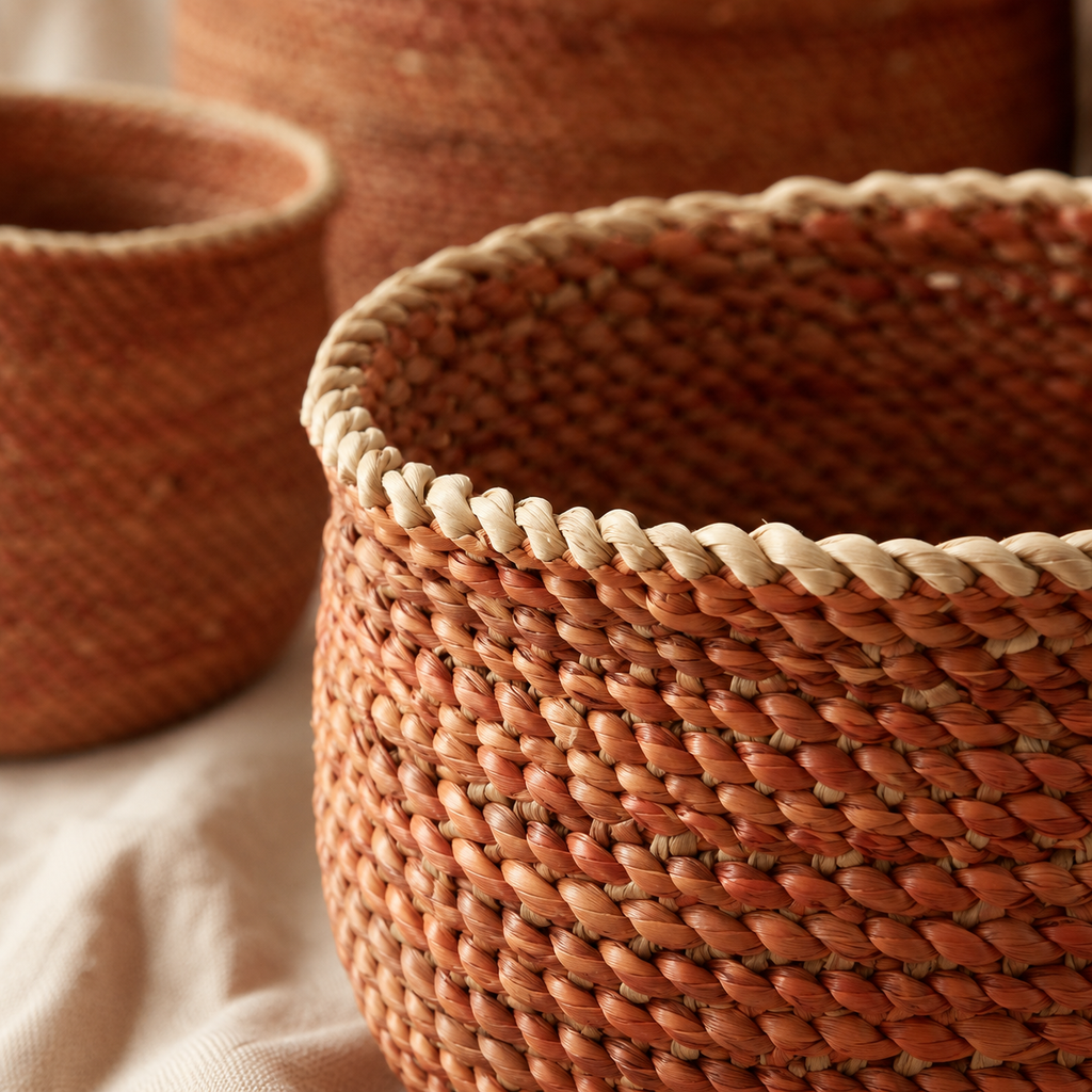 A close-up of a woven natural-fiber basket with a braided rope trim, shown with two similar baskets in the background on a light fabric surface.