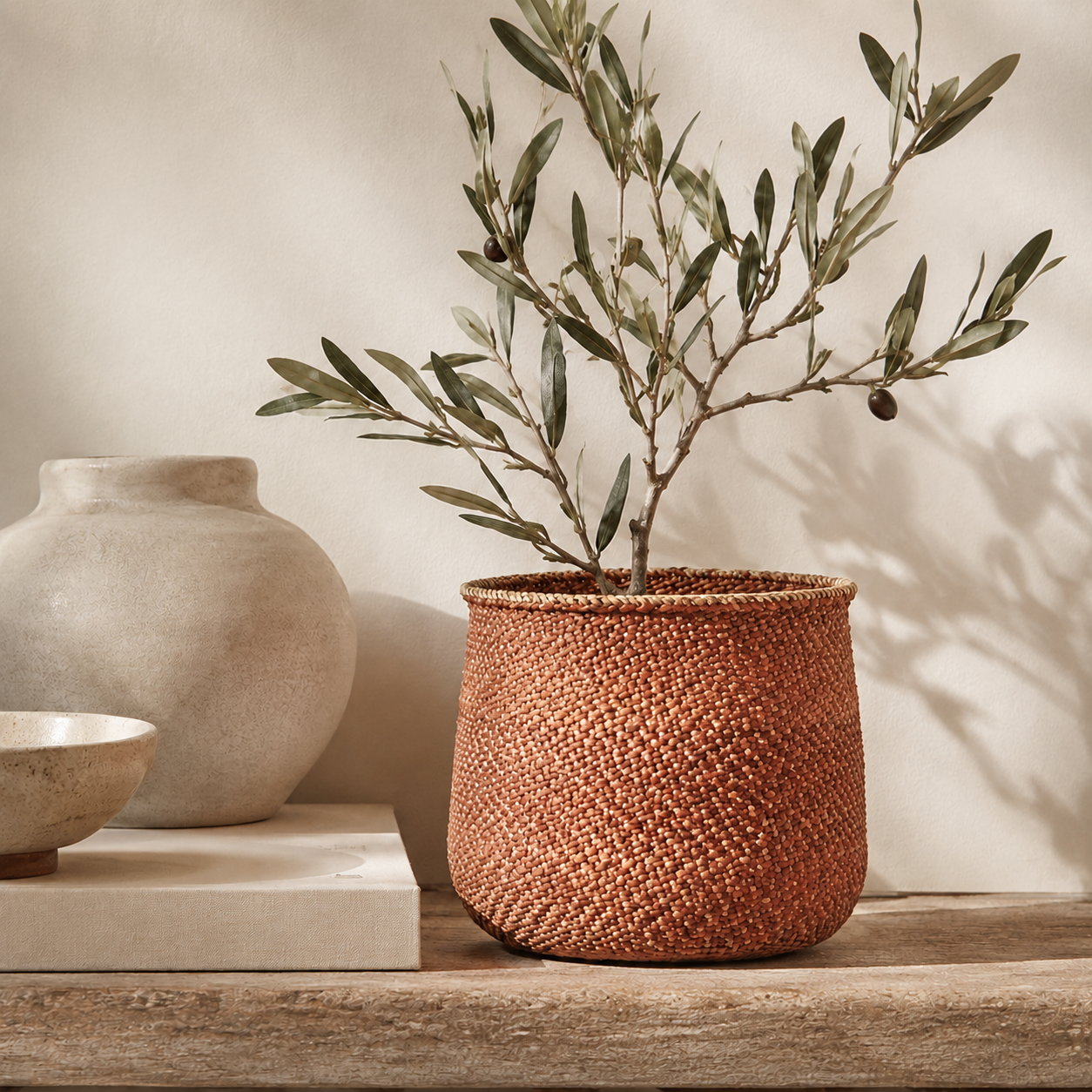 A woven terracotta planter holding a small olive tree, styled on a wooden surface next to ceramic vases against a warm beige wall.