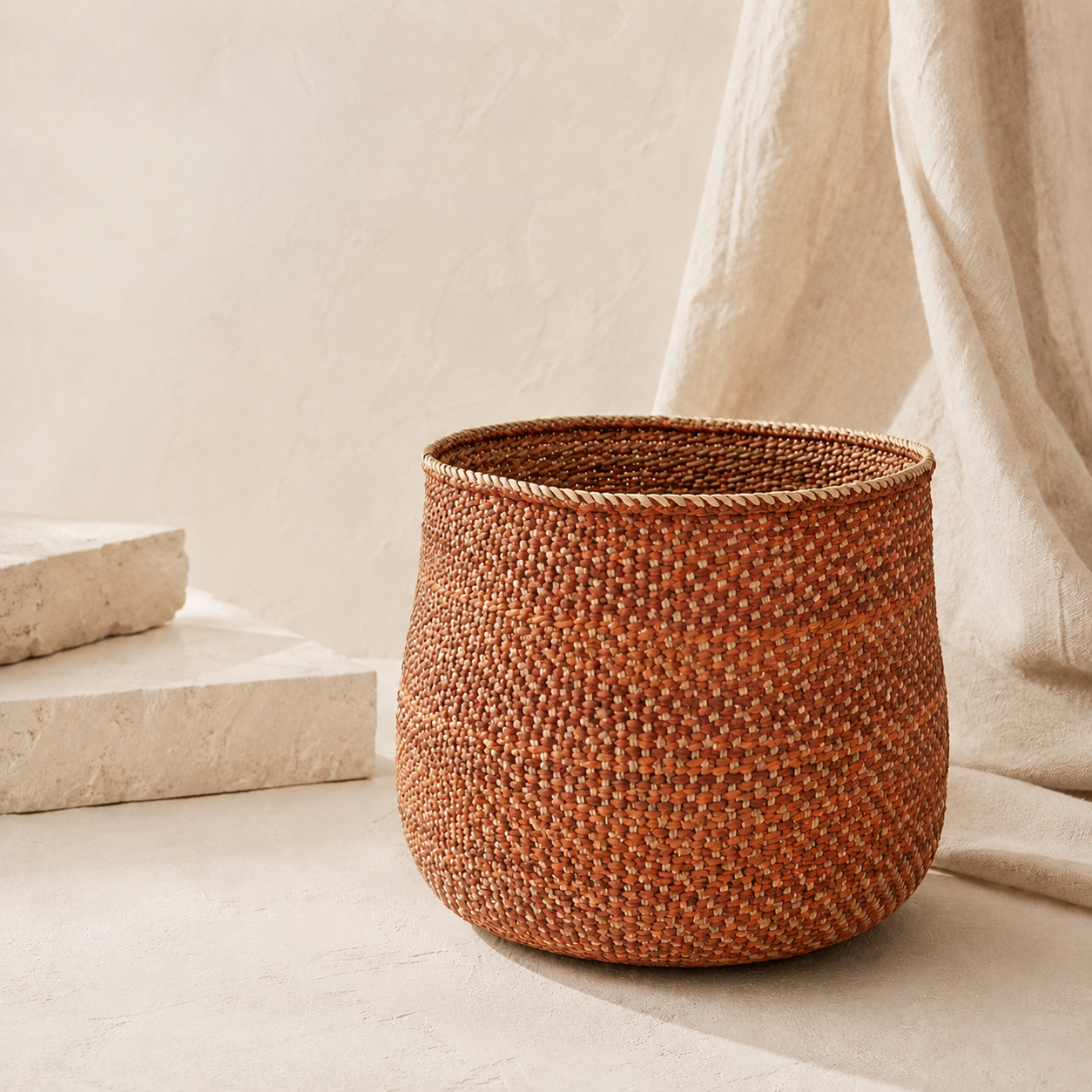 A woven brown basket with a textured, braided pattern sits on a light beige stone surface next to draped cream linen fabric.