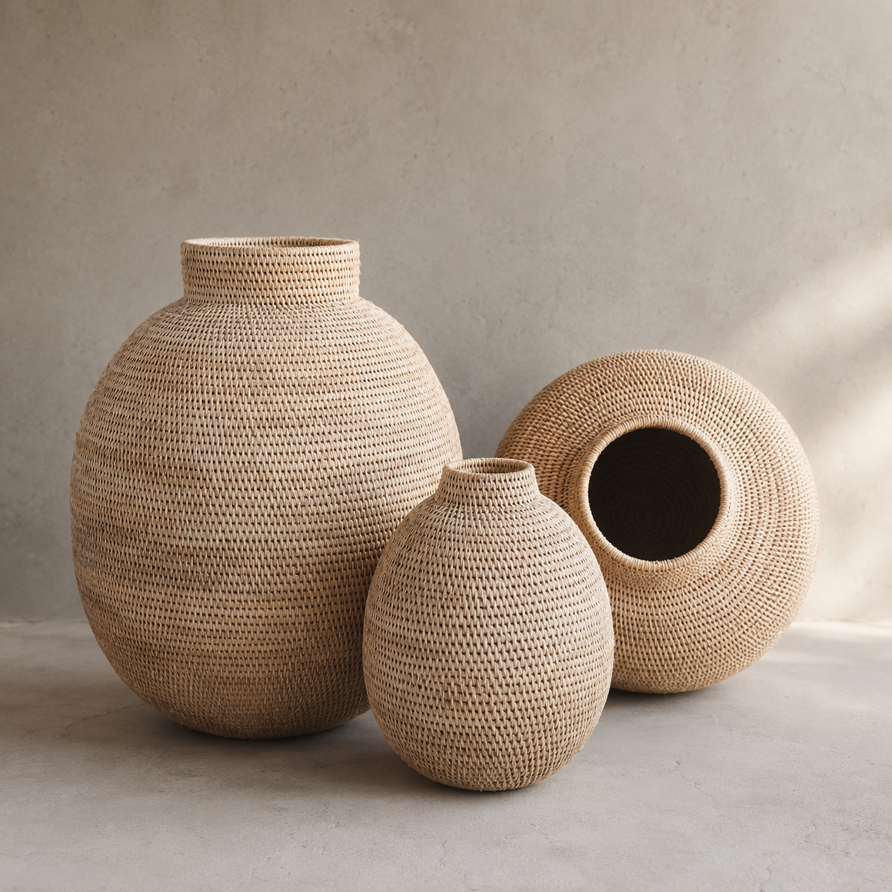 Three woven natural-fiber decorative vases in different shapes and sizes, arranged on a light concrete surface against a neutral textured wall.