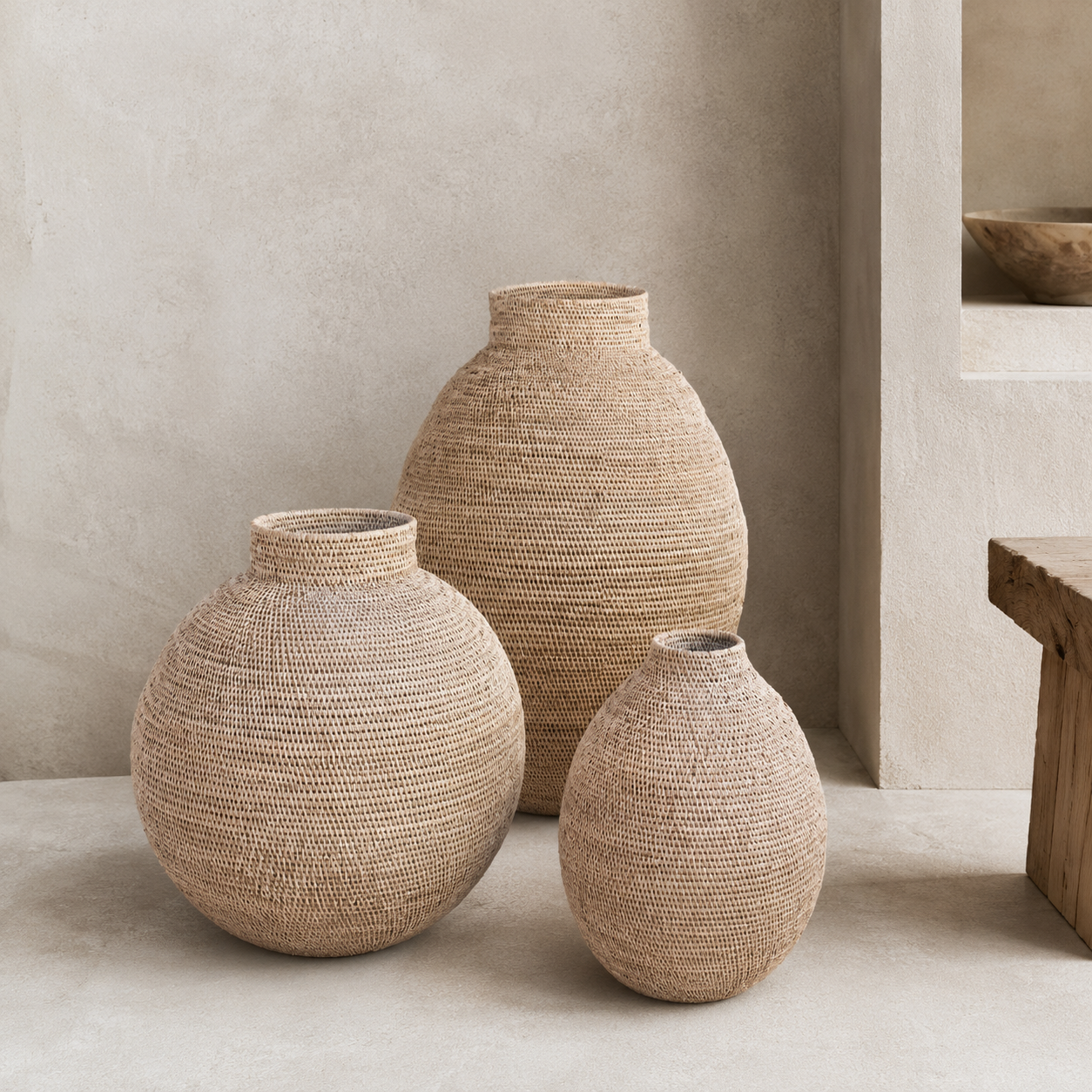 Three woven natural-fiber vases in different rounded sizes arranged on a light concrete surface against a textured beige wall.