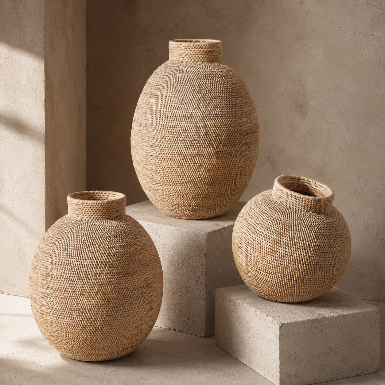 Three woven natural-fiber decorative vases in different sizes, styled on light stone blocks against a textured beige wall.