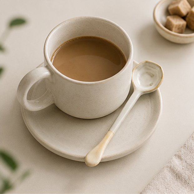 A ceramic coffee cup filled with coffee on a matching saucer, with a small spoon resting on the saucer and a small bowl of sugar cubes in the background.