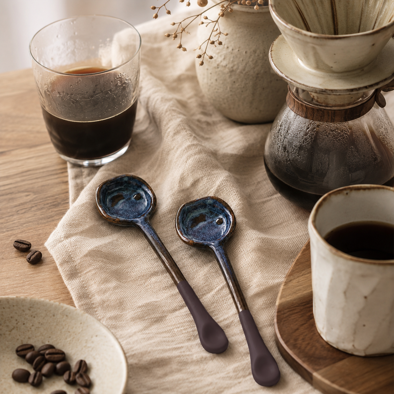 Two ceramic coffee spoons with dark blue and purple glazes resting on a beige linen cloth, surrounded by coffee cups, a pour-over dripper, and coffee beans.
