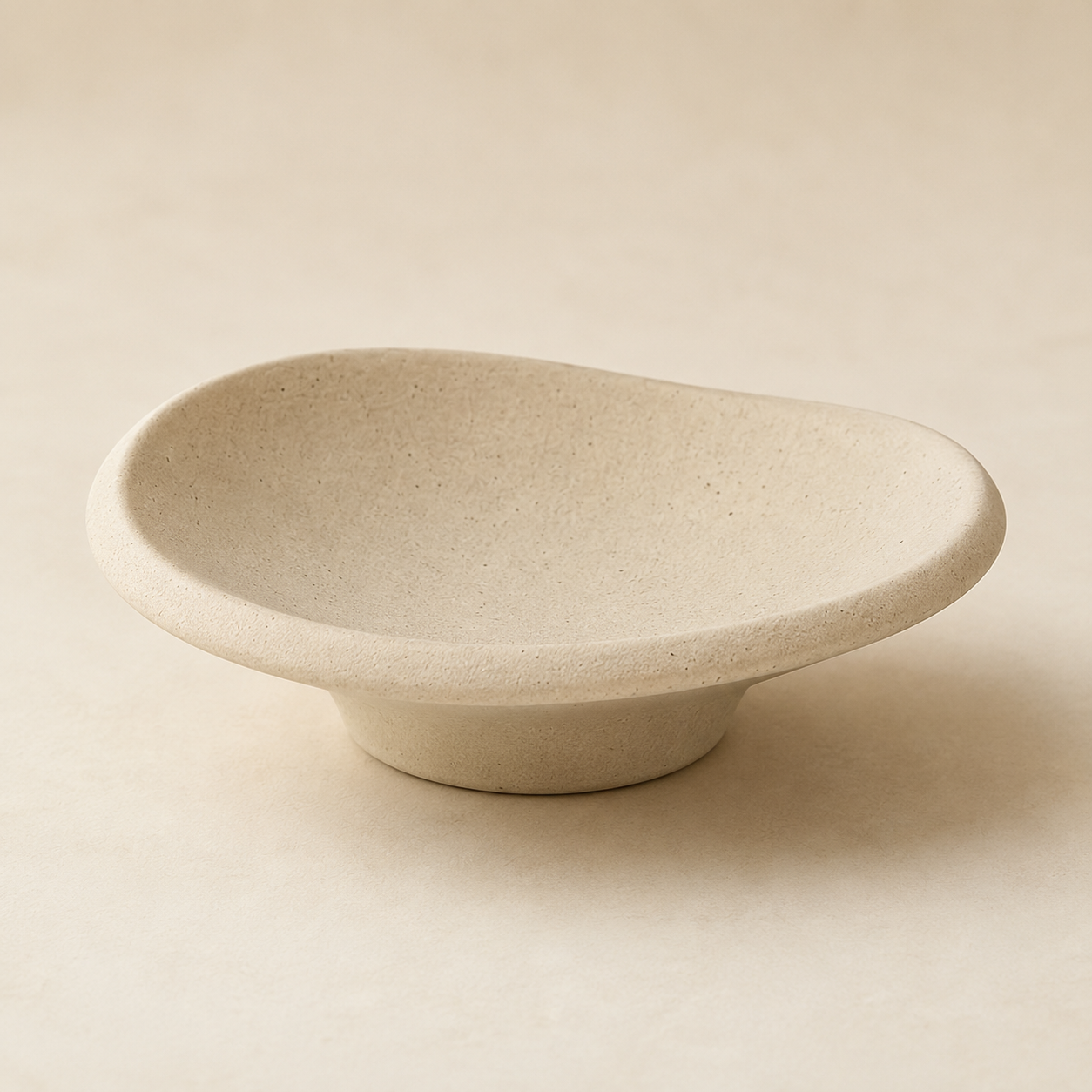 A small, organic-shaped ceramic dish with a textured, speckled beige finish, photographed on a matching neutral beige background.