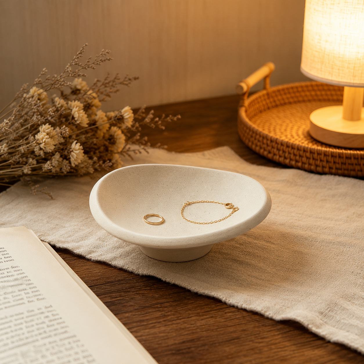 A small oval white jewelry tray or dish holding a gold ring and a delicate gold chain, styled on a linen runner over a wooden table with dried flowers, an open book, and a lit lamp in the background.