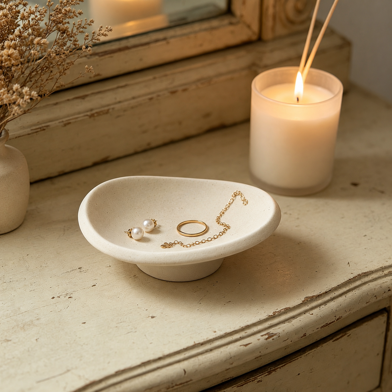 A small oval white ceramic jewelry tray holding a gold ring, pearl earrings, and a delicate gold chain, styled on a distressed cream-colored wooden dresser next to a lit candle and dried flowers.