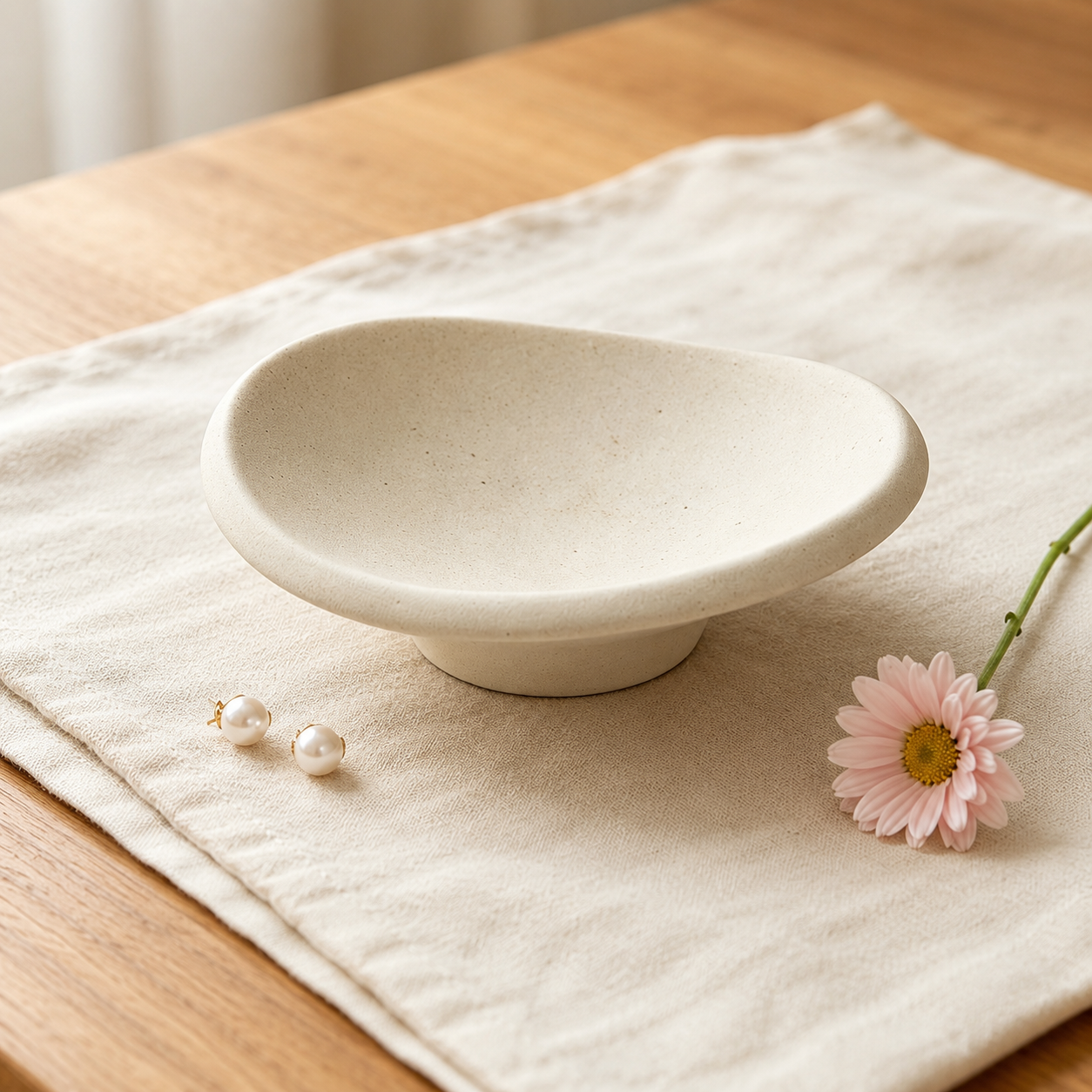 A small oval ceramic dish or soap dish in a warm off-white speckled finish, styled on a beige linen cloth on a wooden table with two pearl-like beads and a pink daisy flower nearby.