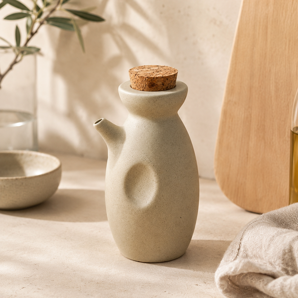 A speckled ceramic oil bottle with a cork stopper, styled on a beige surface with soft shadows, a small bowl, a cloth, and a wooden board in the background.