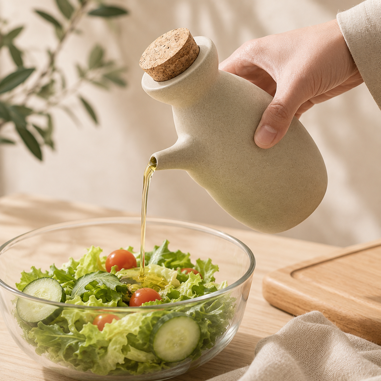 A hand holds a beige ceramic oil bottle with a cork stopper, pouring golden olive oil into a glass bowl of salad with lettuce, cucumber, and cherry tomatoes on a wooden table.