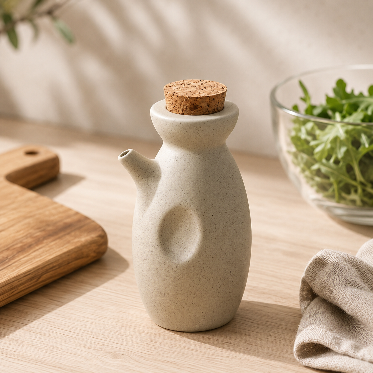A small ceramic oil bottle with a cork stopper sits on a light wood table in a kitchen setting, with a cutting board, green herbs in a glass bowl, and a beige cloth nearby.
