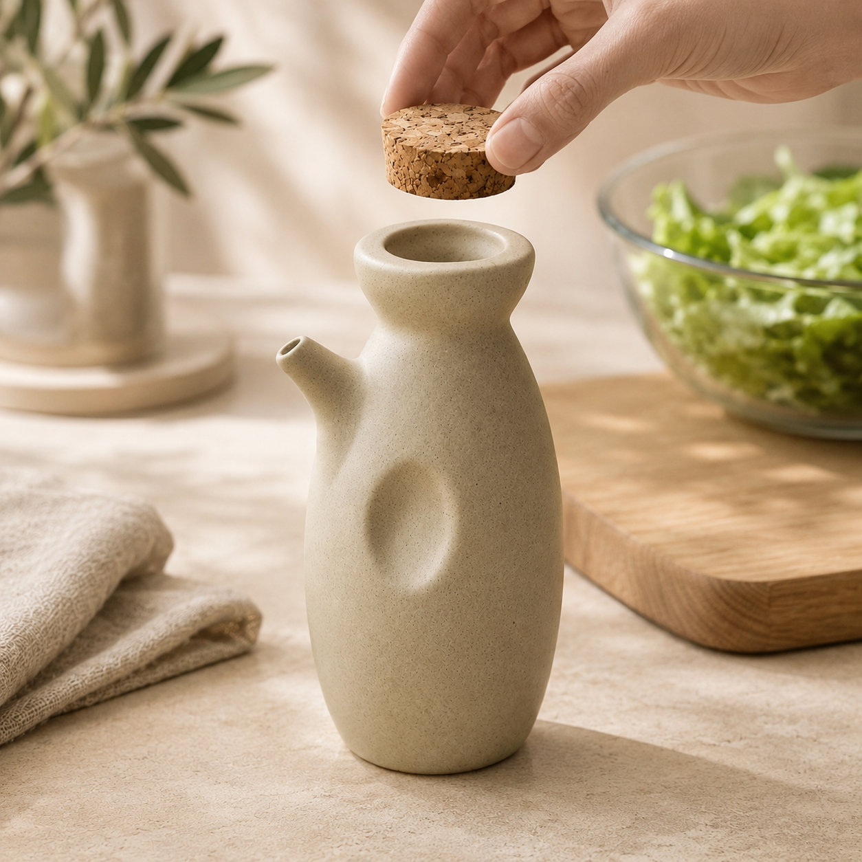 A beige ceramic oil bottle with a cork stopper, shown on a warm beige tabletop with a hand placing the cork into the bottle. A glass bowl of green salad and a folded beige cloth are softly blurred in the background.