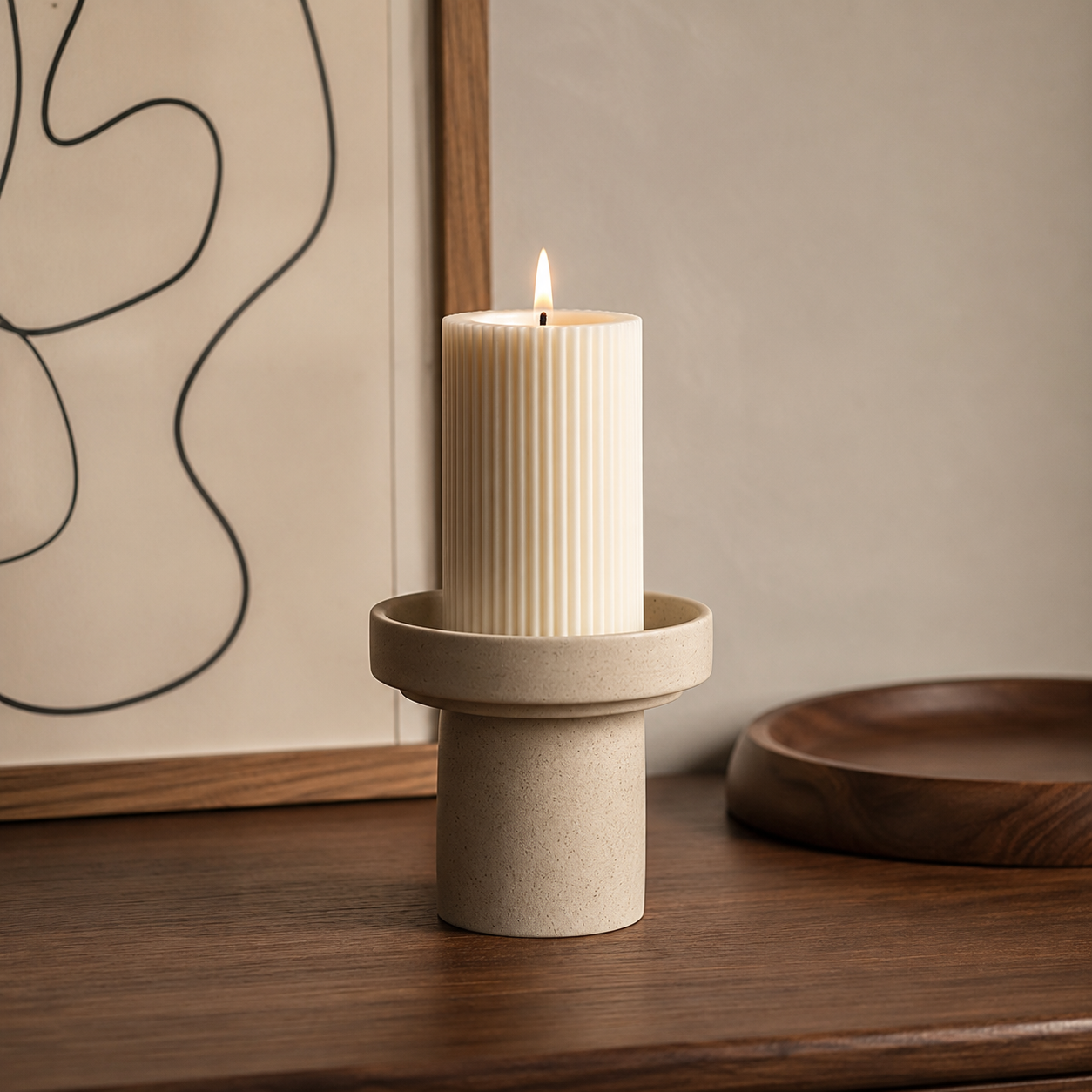 A cream-colored ribbed pillar candle lit and standing in a matte beige ceramic holder on a wooden table, with a neutral wall and framed abstract art in the background.