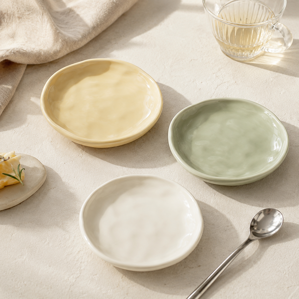 Three shallow round ceramic plates in pale yellow, pale green, and off-white, arranged on a light beige surface with a spoon, cloth, and glass cup nearby.