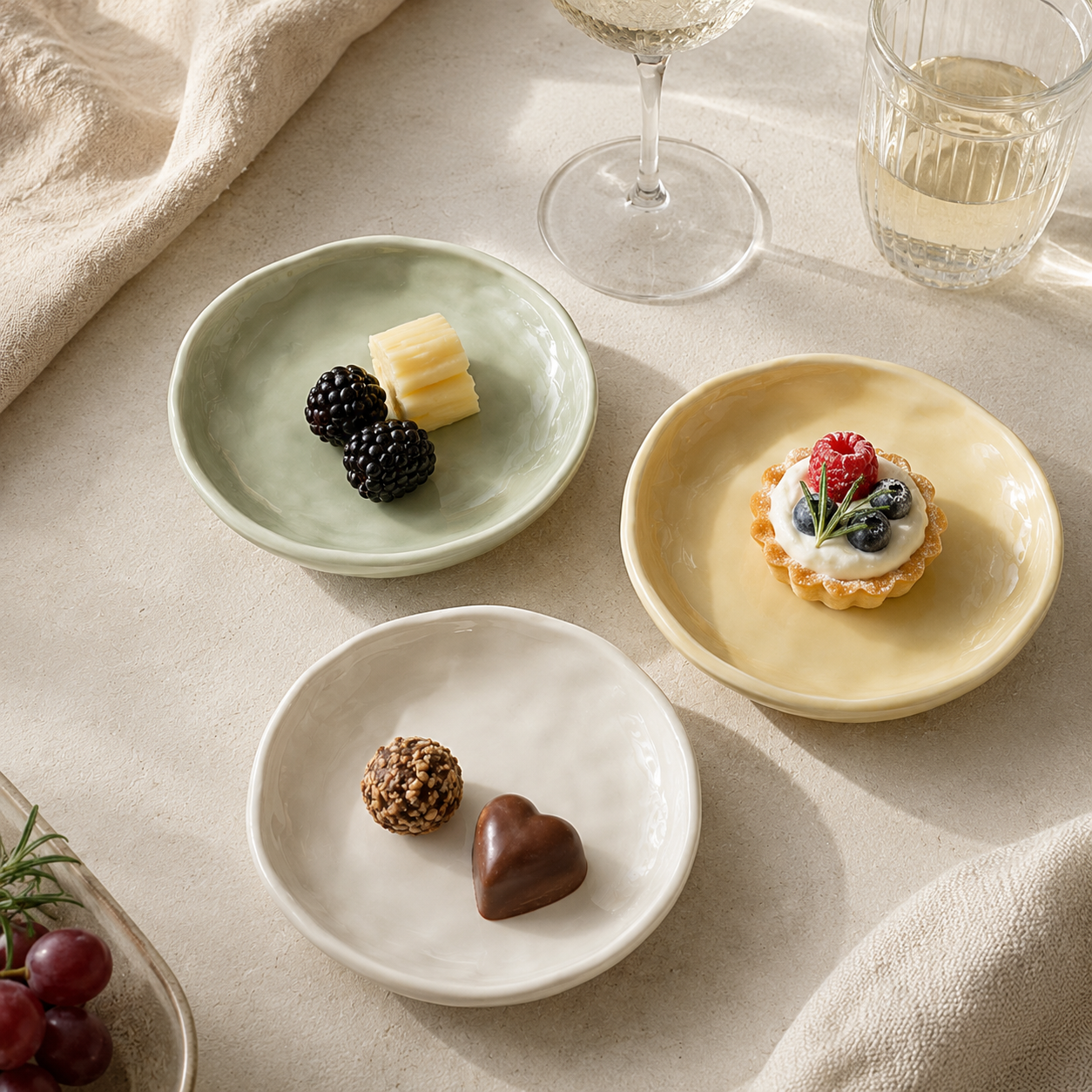 Three small ceramic plates in pale green, cream, and pale yellow are arranged on a beige fabric surface. The plates are styled with food: blackberries and a cheese cube on the green plate, a berry tart on the yellow plate, and chocolates on the cream plate.