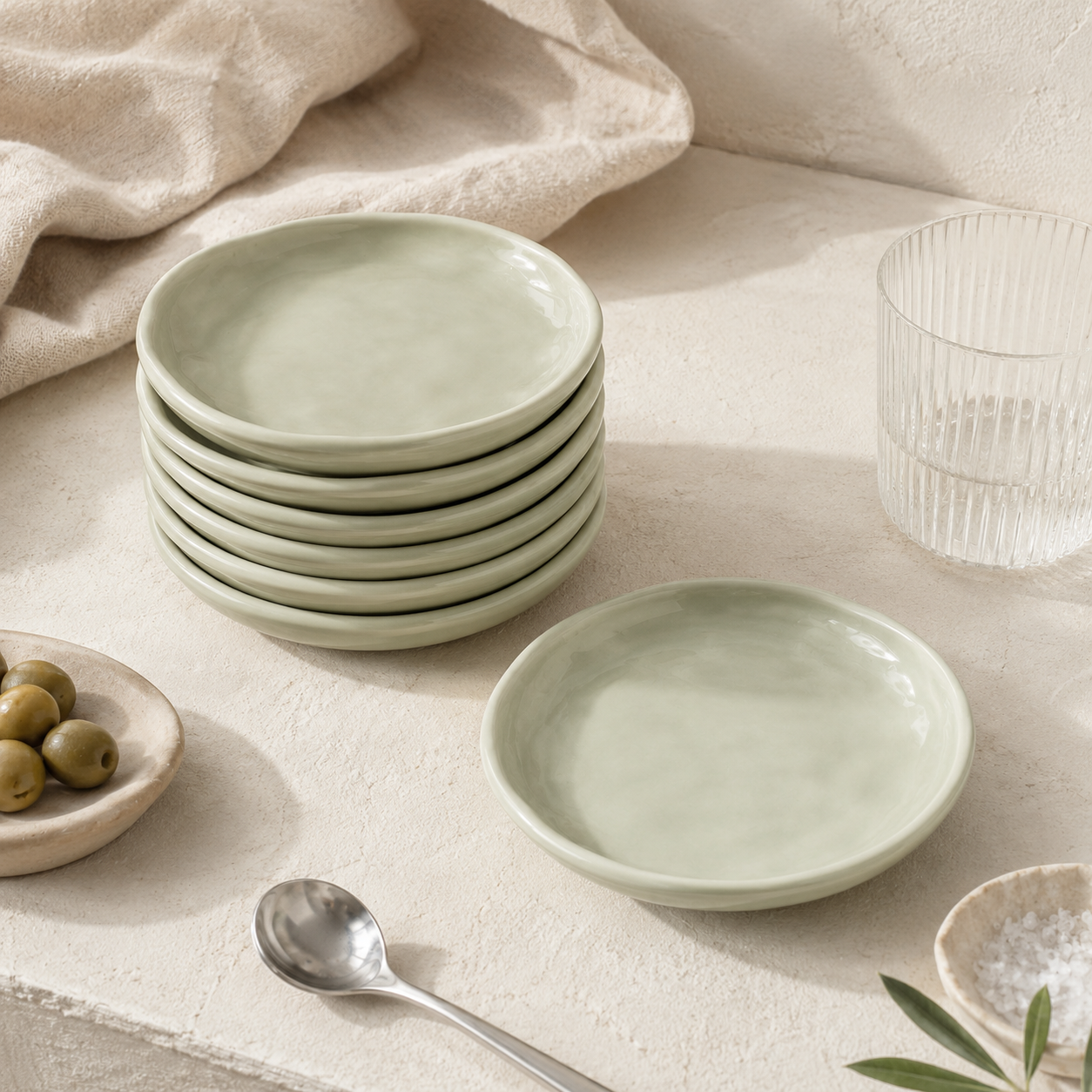 A set of pale sage green ceramic plates arranged on a textured cream surface, including a stack of shallow round plates, one larger plate in front, a glass tumbler, a spoon, olives in a small dish, and a draped fabric in the background.