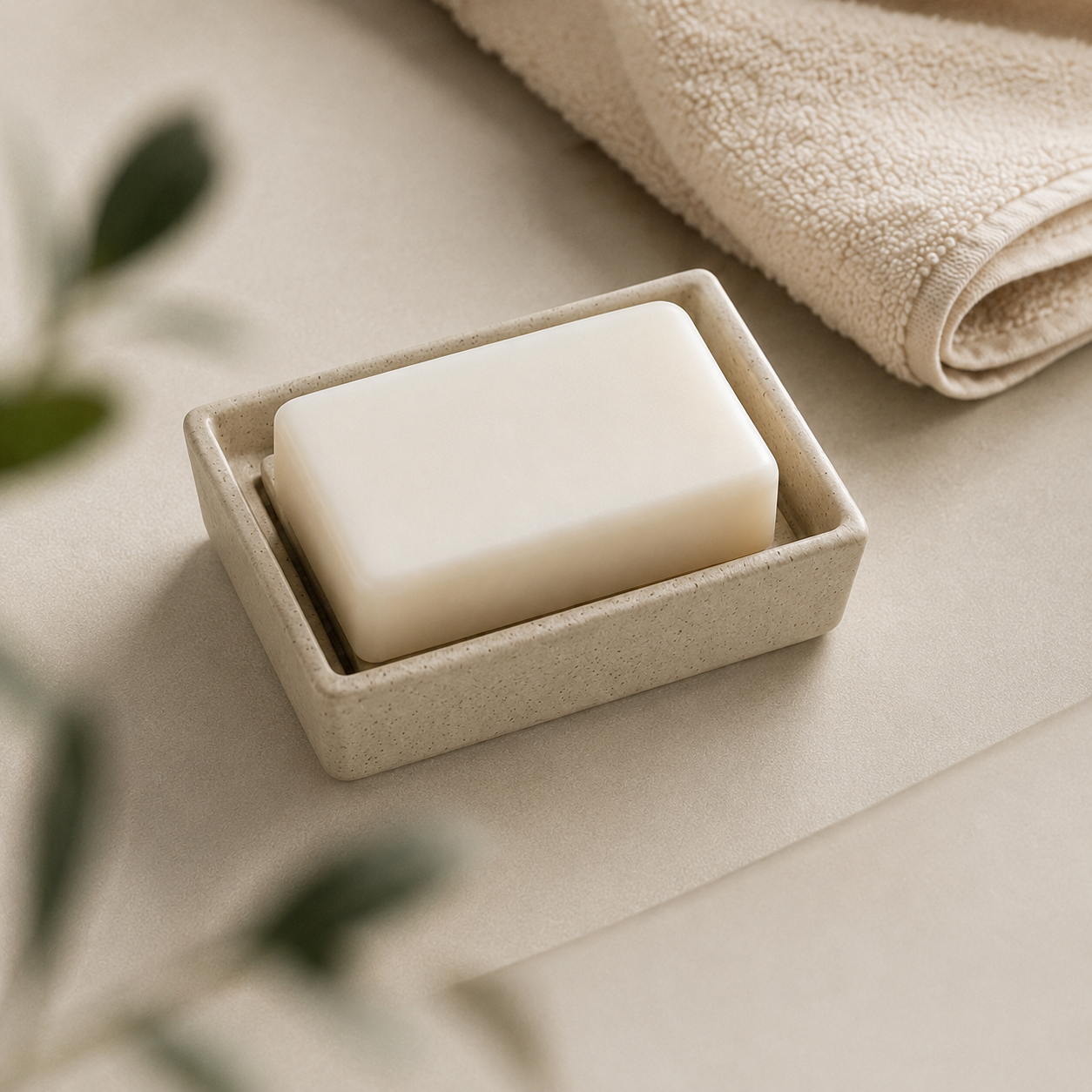 A rectangular bar of off-white soap resting in a matching beige soap dish, styled on a neutral beige surface with a folded towel and soft blurred leaves in the background.