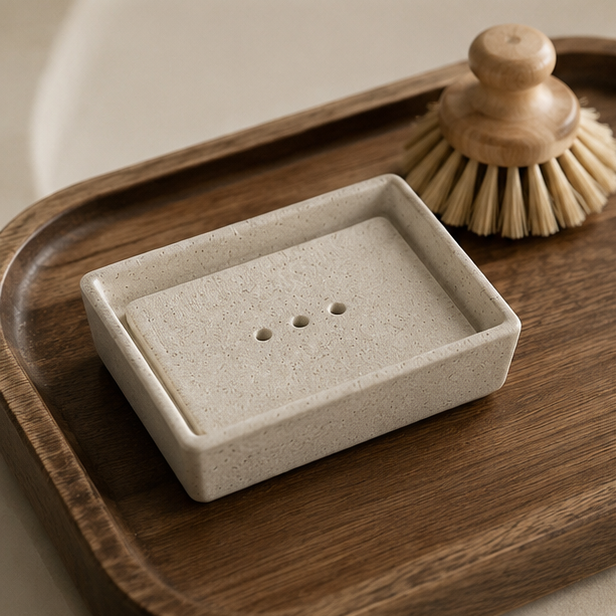 A rectangular speckled soap dish in a warm off-white ceramic finish, shown holding a bar of soap on a dark wood tray with a wooden brush.