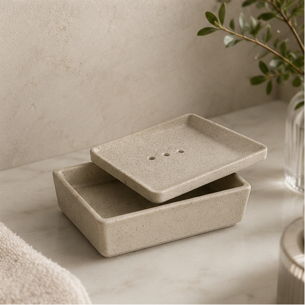A four-panel collage showing a rectangular soap dish with a lid, styled in home-like settings. The dish appears in multiple views: closed with a bar of soap inside, open on a marble surface, on a wooden tray with a brush, and partially open with the lid resting beside it.