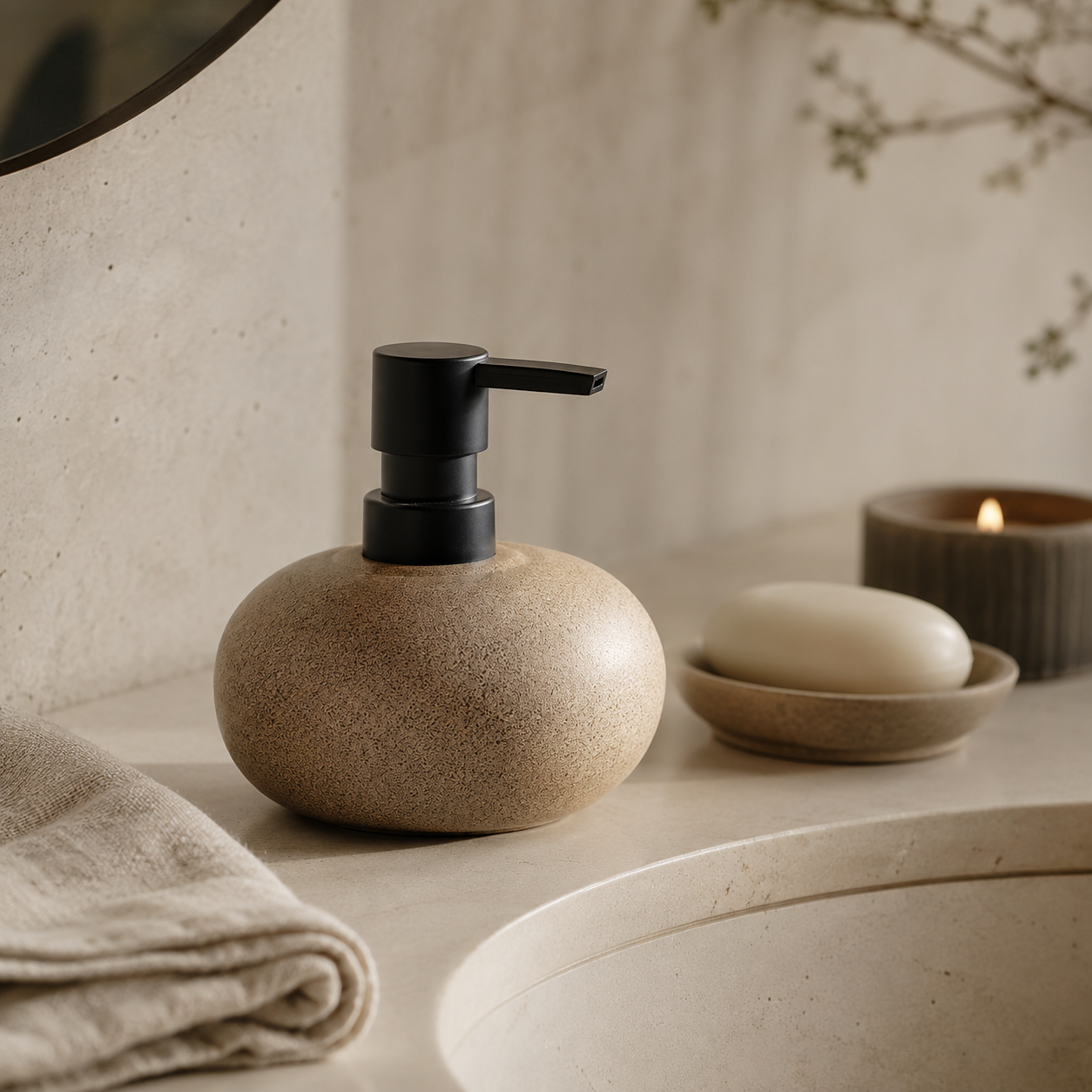 A round beige soap dispenser with a matte black pump bottle, styled on a bathroom counter next to a folded towel, soap dish, and candle.