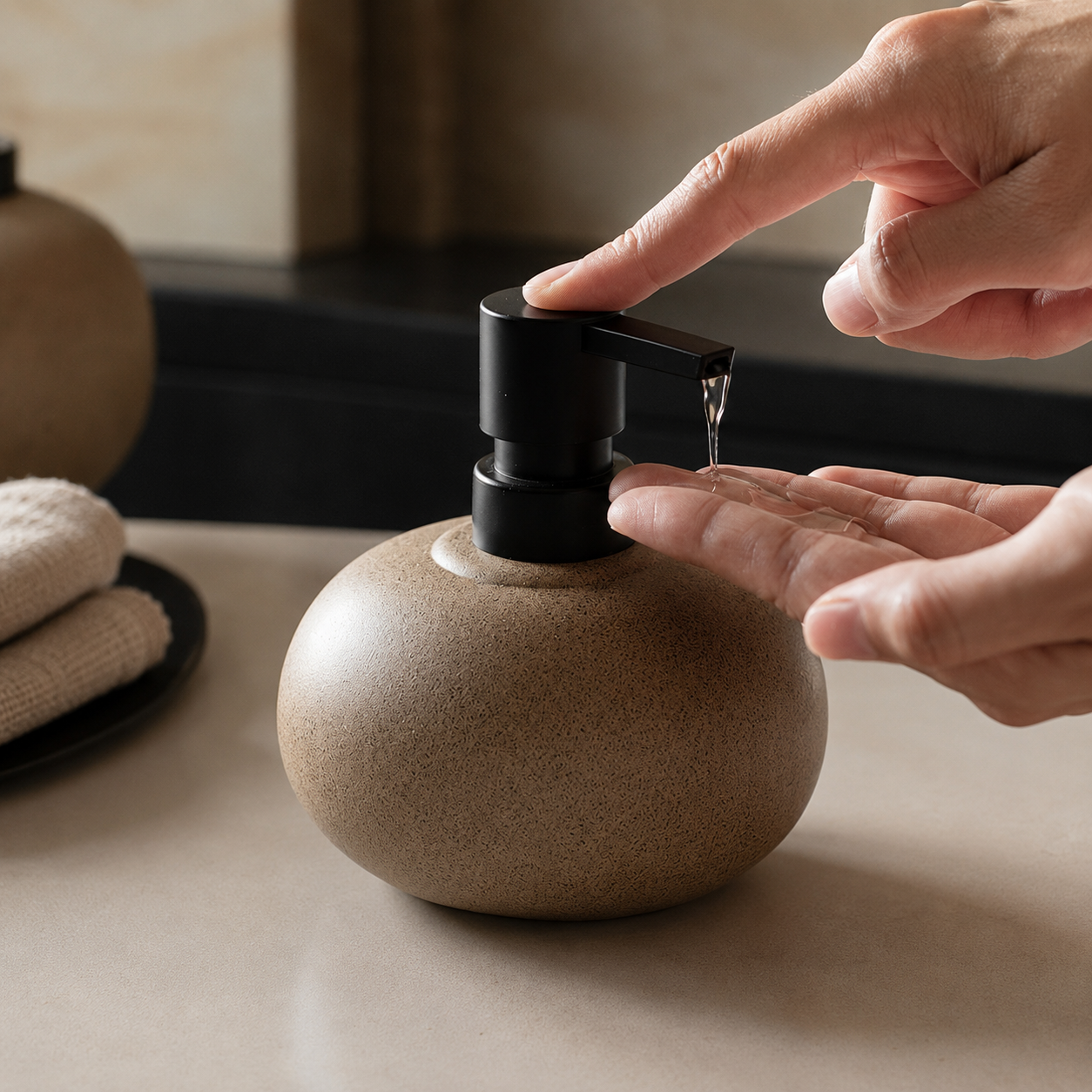 A close-up of a person's hands dispensing clear liquid from a matte black pump into a hand, with a round speckled beige dispenser bottle on a countertop.