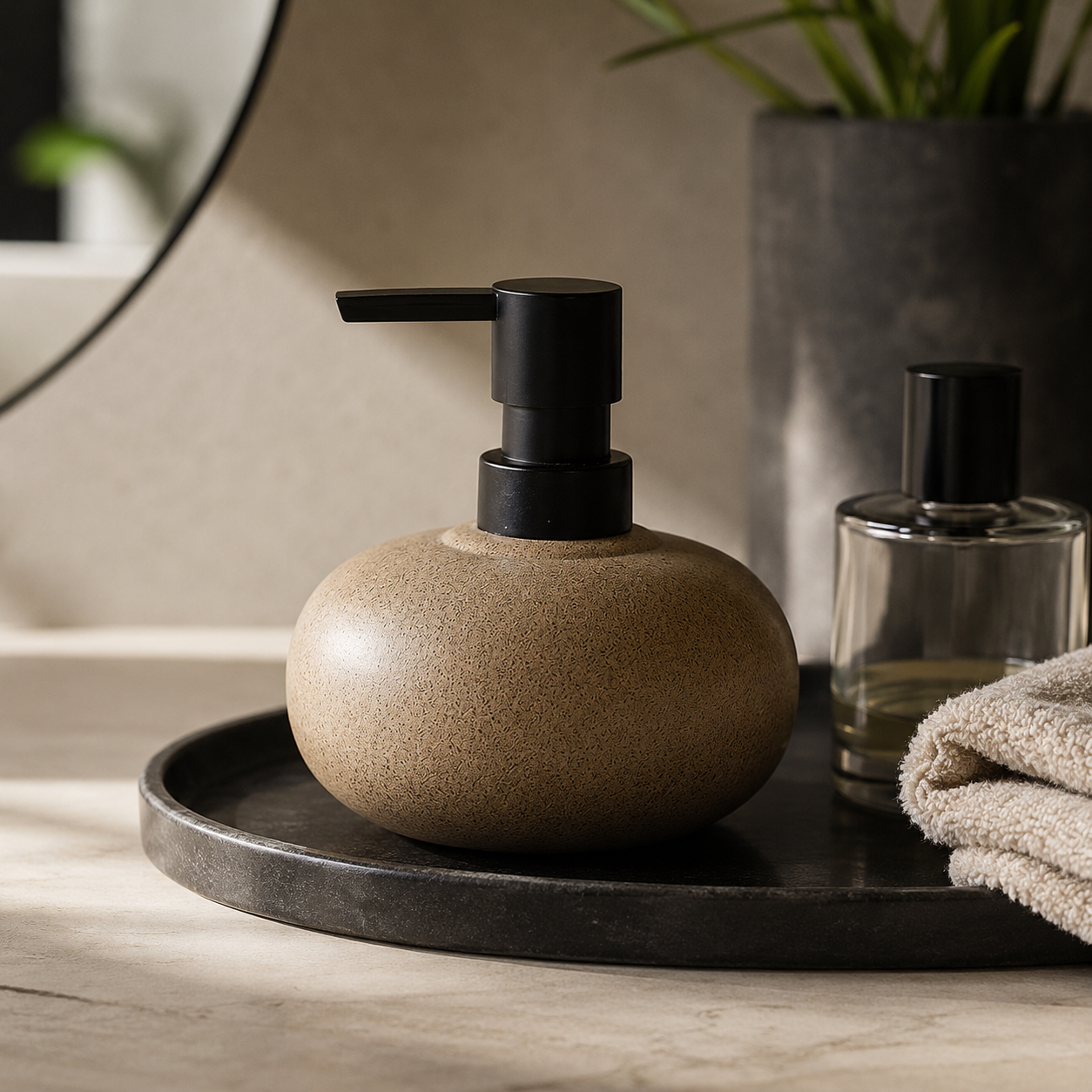 A round beige soap dispenser with a matte black pump sits on a dark tray in a bathroom setting, with a folded towel and a glass bottle nearby.
