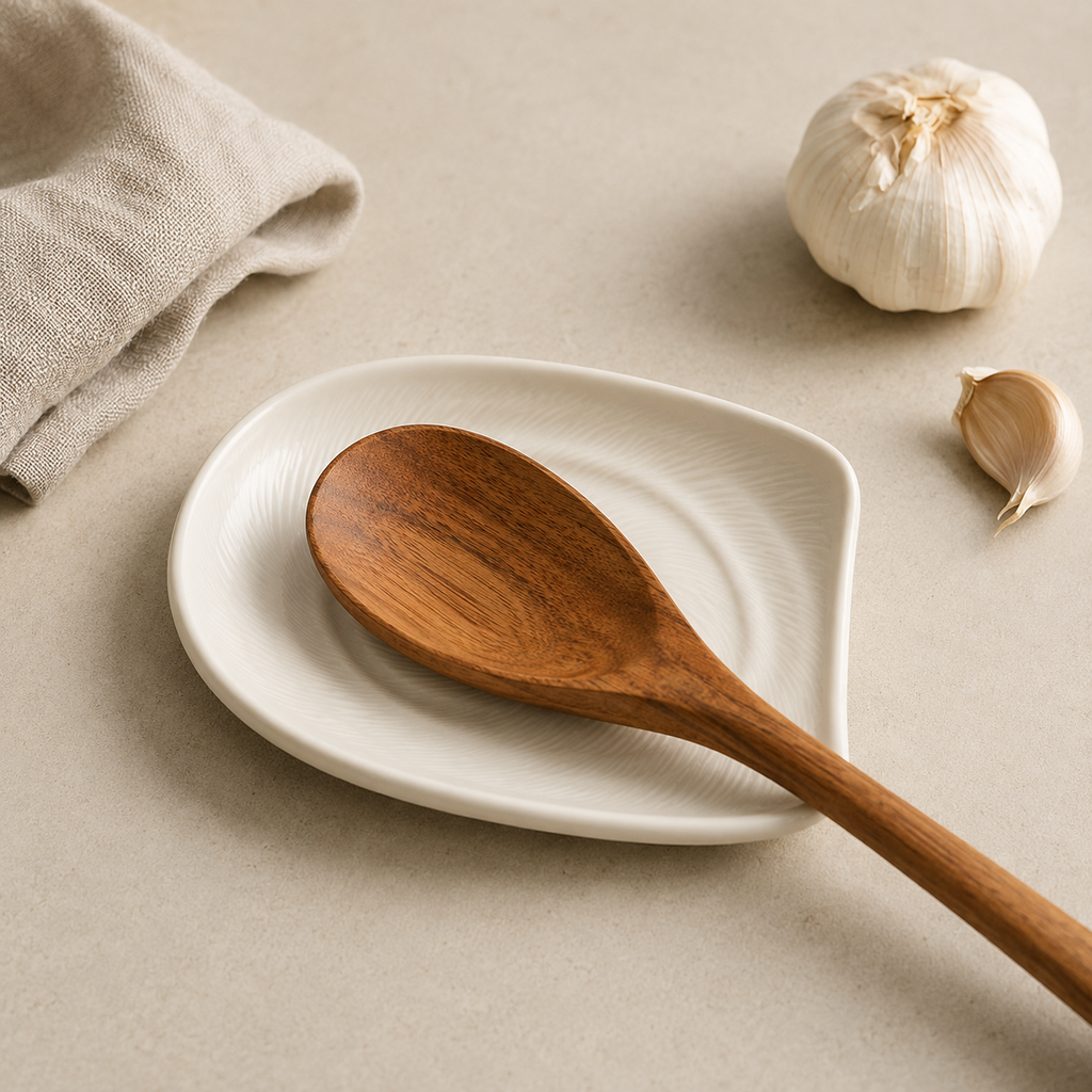A wooden spoon with a rounded oval bowl and long handle rests on a white ceramic plate with a wavy edge, set on a beige surface. A folded beige cloth, a whole garlic bulb, and a peeled garlic clope are visible in the background.