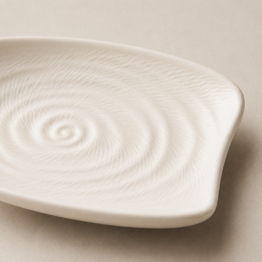 A white ceramic serving platter with a textured spiral pattern, shown on a neutral beige background.