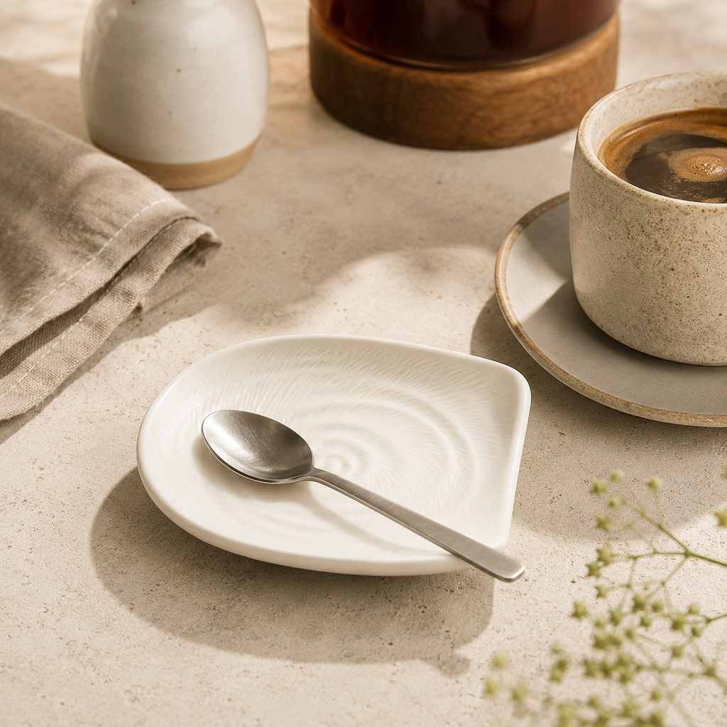 A white ceramic square plate with a subtle concentric ripple pattern, styled with a silver metal spoon on a textured beige tabletop. A matching beige cup and saucer with coffee are visible in the background, along with a folded linen napkin and soft natural shadows.