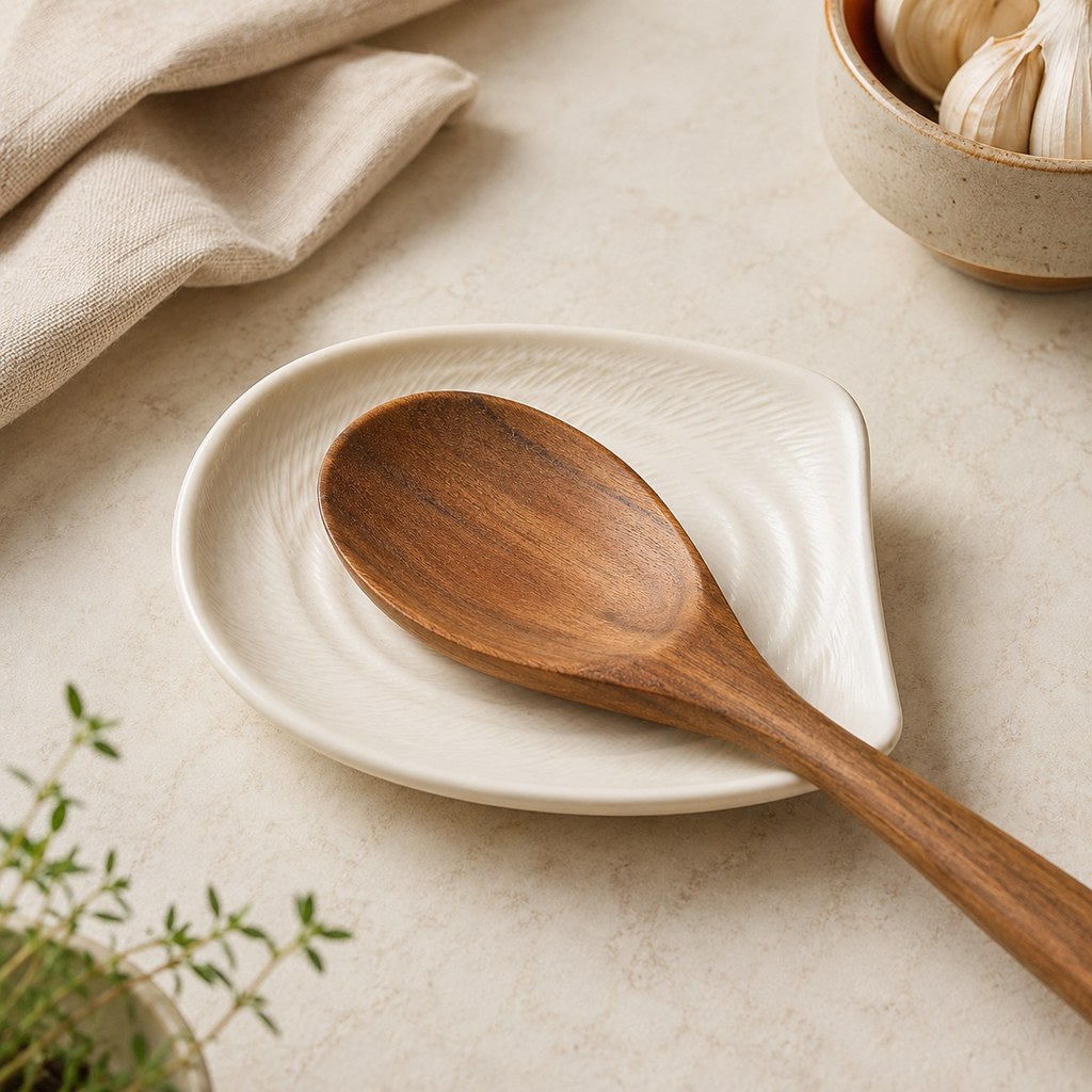 A wooden spoon with a warm brown finish rests on a small, oval-shaped off-white ceramic plate. The scene is styled with a beige linen cloth, a small bowl of garlic, and green herbs on a light beige stone surface.