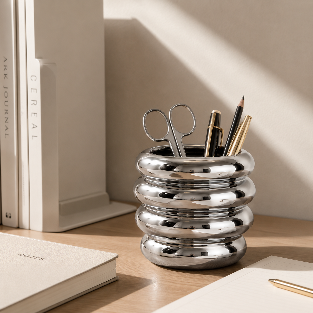 A shiny metallic desk organizer cup with a wavy, stacked design, holding scissors, pens, and pencils on a wooden desk next to books and notebooks.