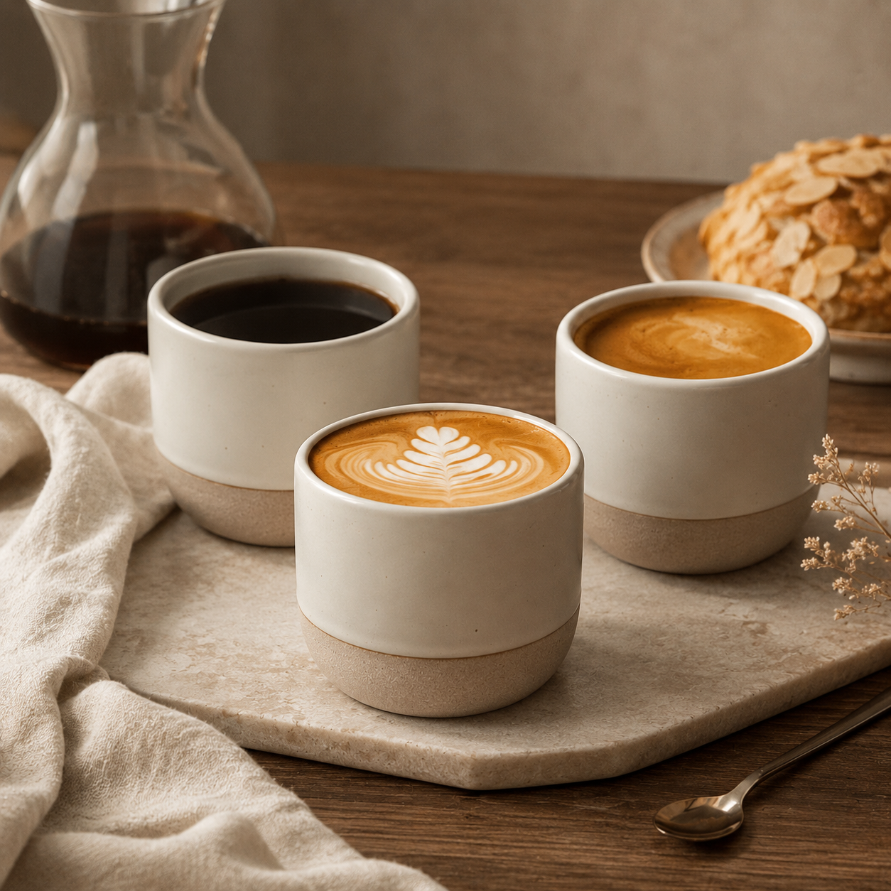 Three ceramic coffee cups with a two-tone cream and beige design sit on a stone tray, filled with black coffee, latte, and espresso, with a carafe, almond pastry, and cloth in a warm kitchen setting.