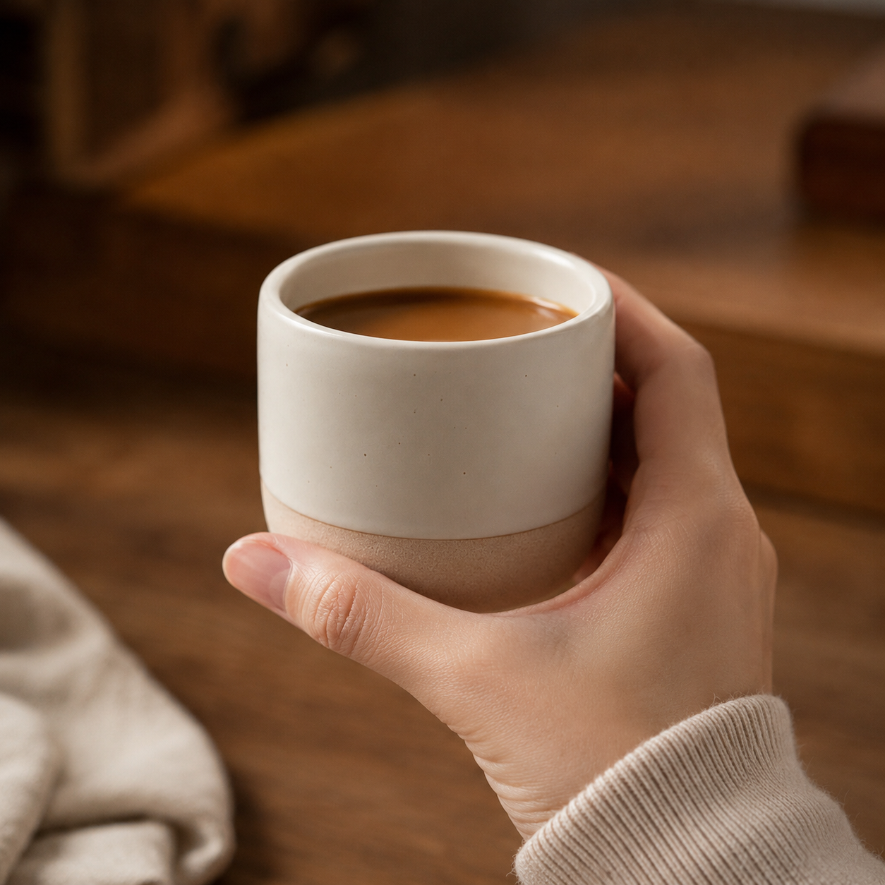 A hand holding a small ceramic cup filled with coffee, set against a warm, softly blurred wooden background.