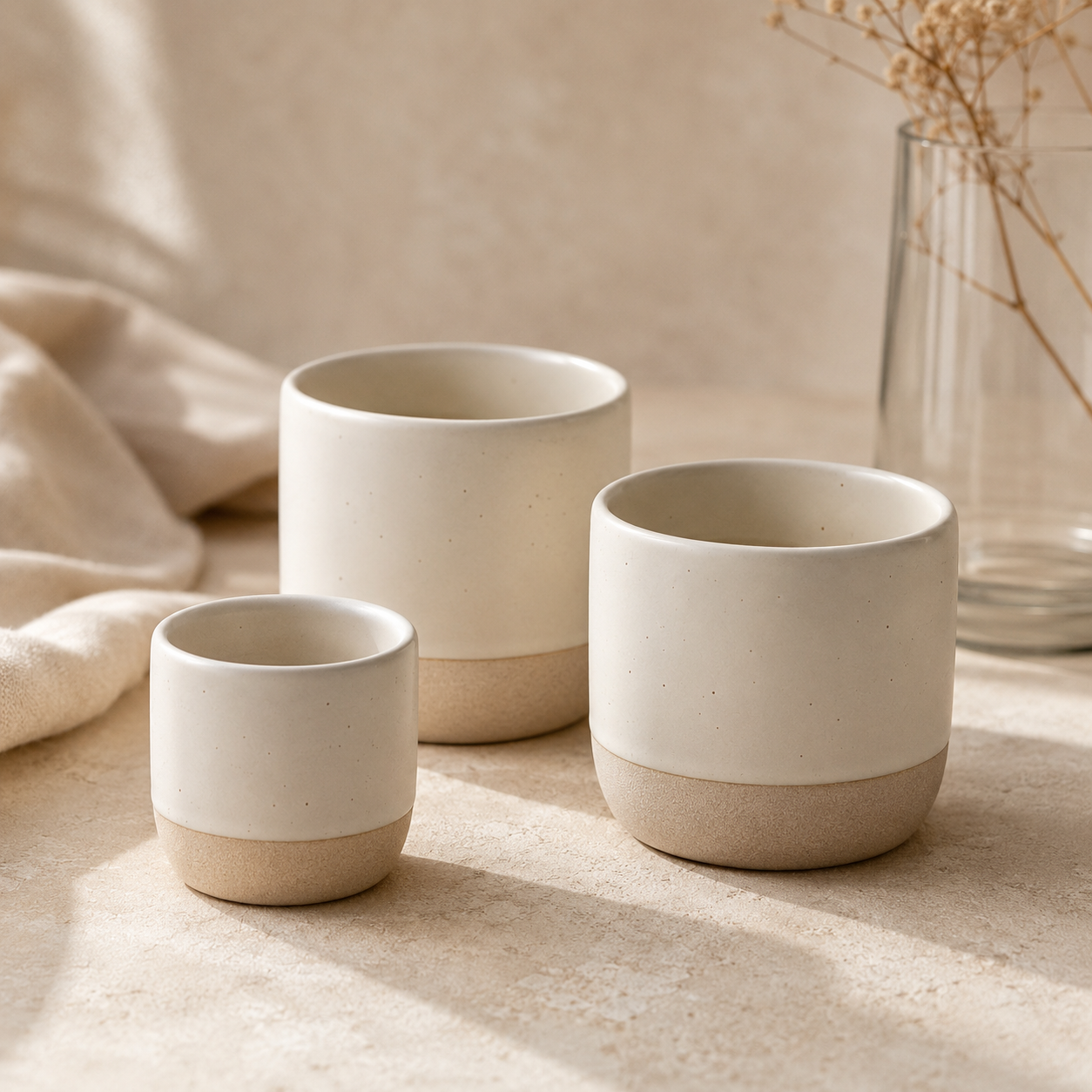 Three ceramic cups in different sizes with a two-tone design, featuring a warm off-white upper half and a textured beige lower half, arranged on a neutral beige surface with a soft fabric and a glass vase in the background.