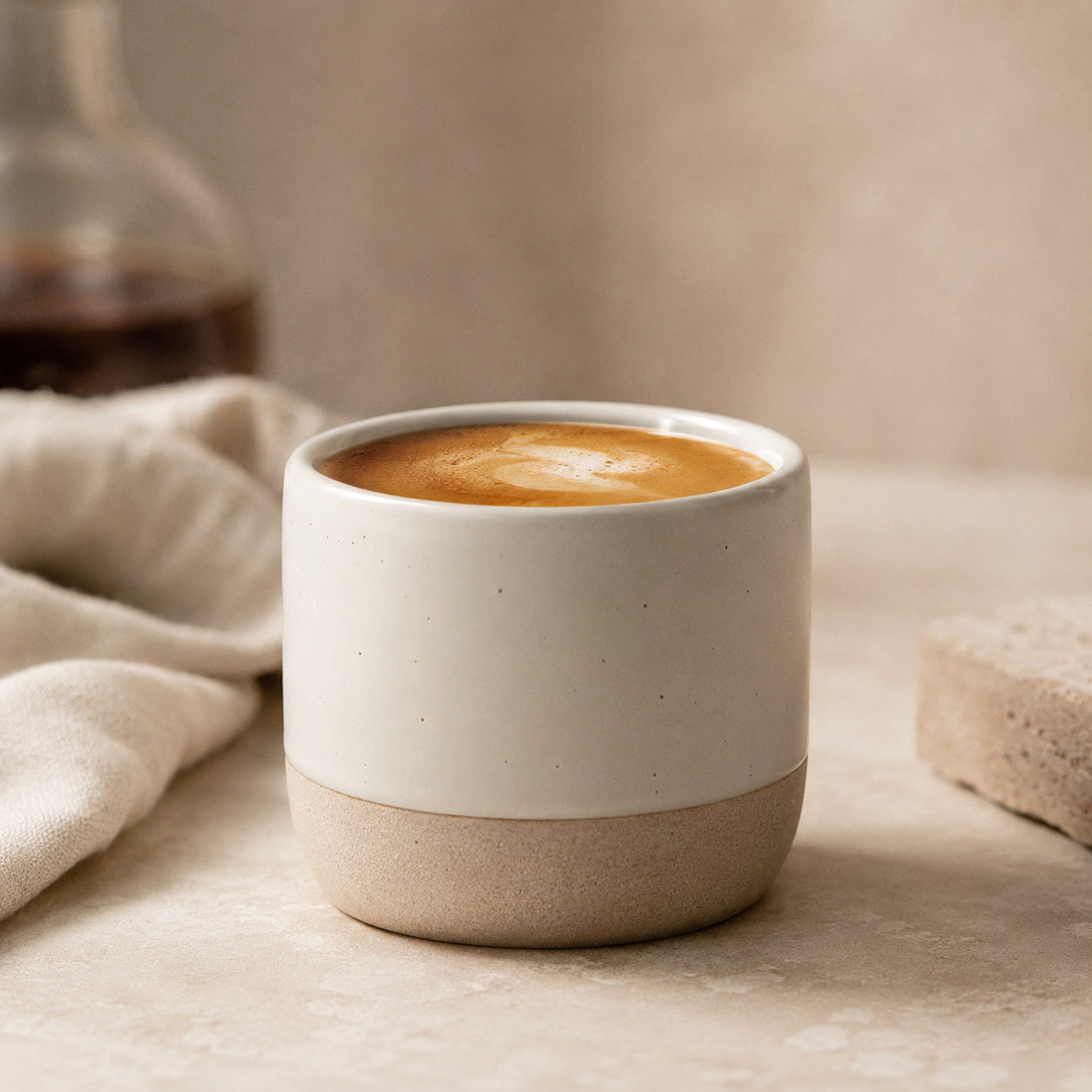 A ceramic coffee cup with a two-tone finish, featuring a matte off-white upper half and a textured beige lower half, filled with a latte on a neutral beige tabletop.