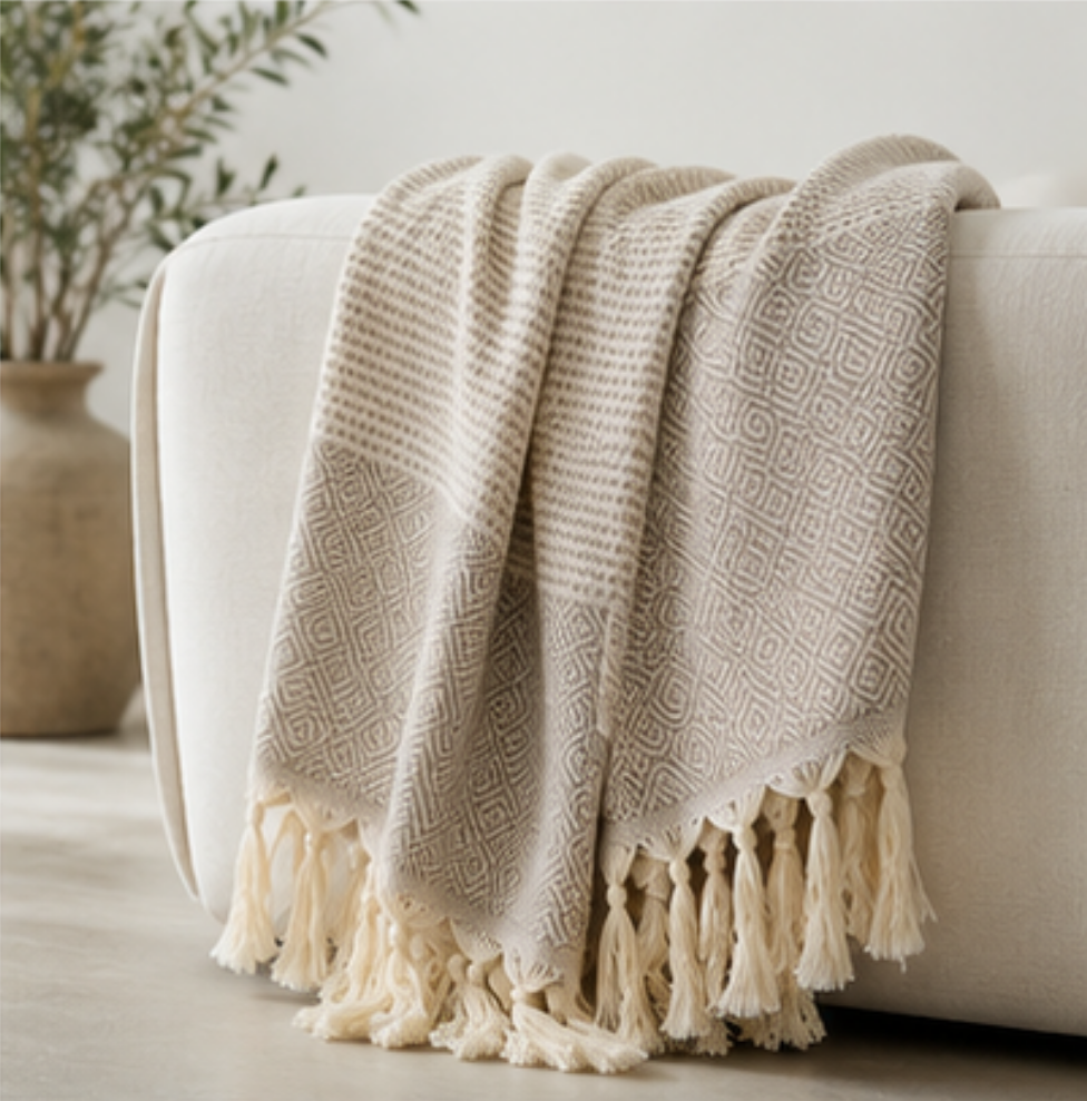 A cream and beige woven throw blanket with a geometric pattern and fringed tassels, draped over the arm of a light beige sofa in a softly lit room.