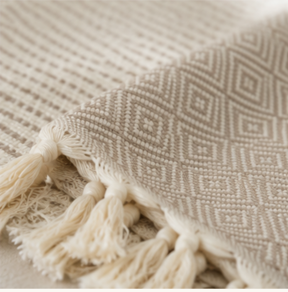 Close-up of a woven throw blanket with cream tassels and a geometric diamond pattern in warm beige and off-white.