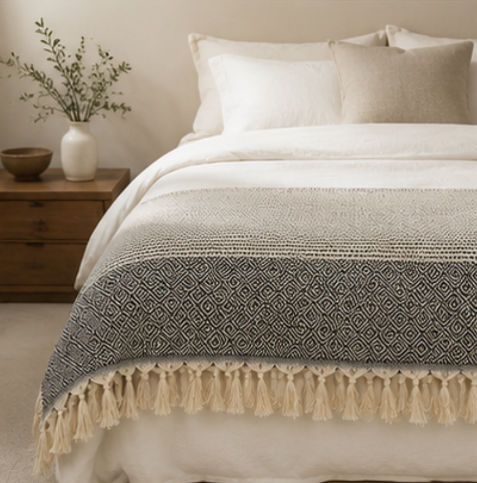 A styled bed in a softly lit bedroom featuring a white duvet, neutral pillows, and a draped throw blanket with a black geometric pattern and cream tassels. A wooden bedside table with a vase of branches sits to the left.
