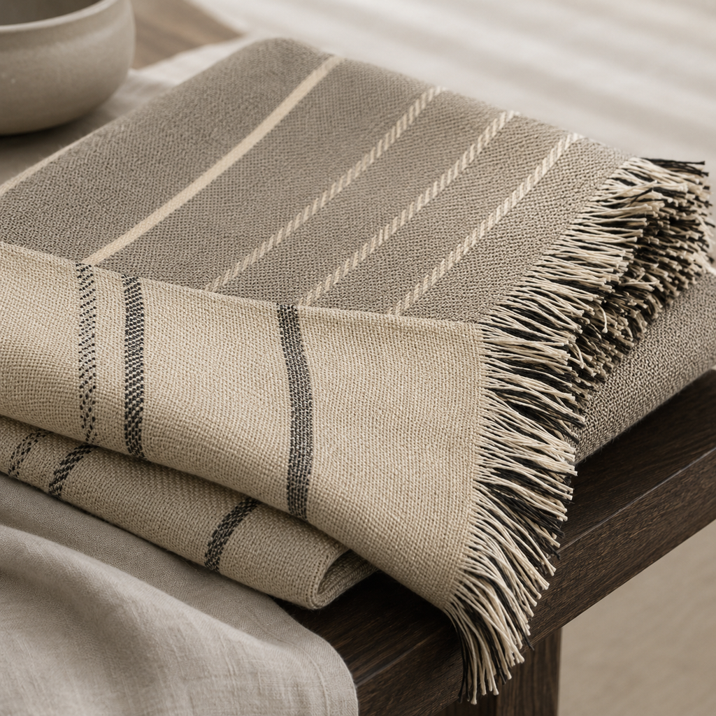 A folded woven throw blanket with fringe, shown draped over a dark wooden table. The blanket has a warm beige base with cream and dark gray striped patterns.