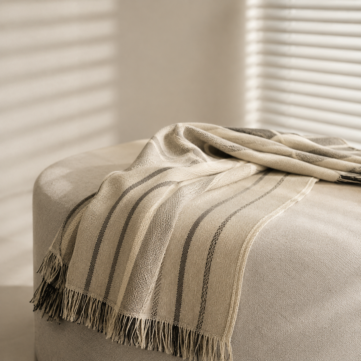 A cream and beige woven throw blanket with dark gray vertical stripes and fringed edges, draped over a light gray upholstered ottoman in a softly lit room with window blinds.
