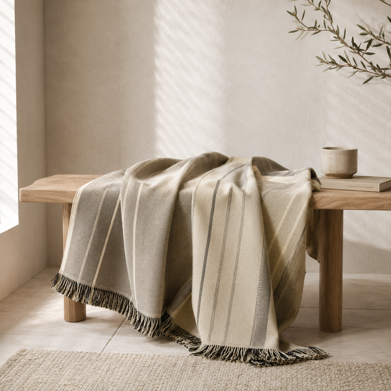 A beige and cream striped wool throw blanket with dark fringe is draped over a light wood bench in a sunlit room with a woven rug and a small ceramic cup on books.