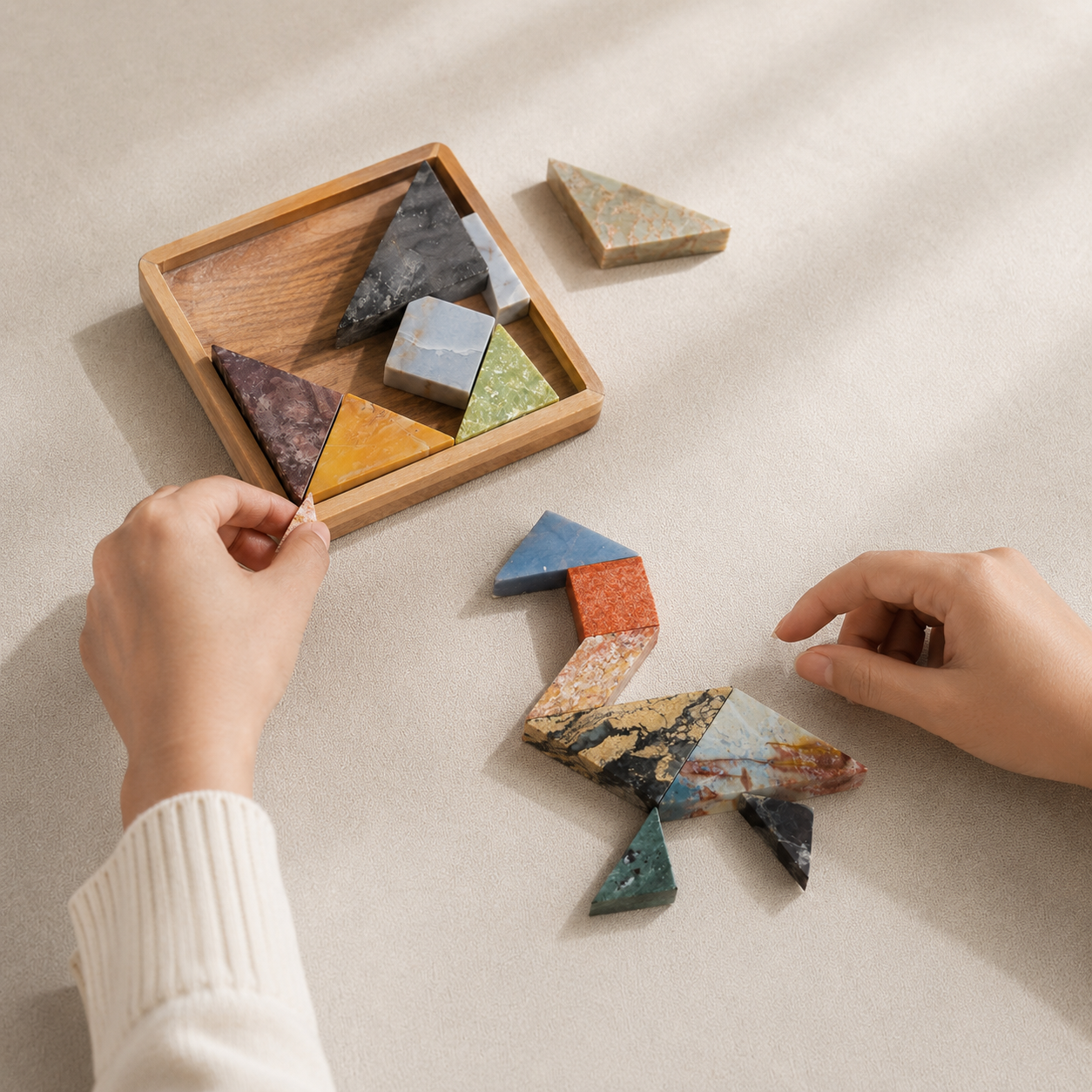 A person's hands are shown playing with a set of multicolored geometric puzzle tiles on a light beige surface, with one set arranged in a wooden tray and another forming a bird-like shape on the table.