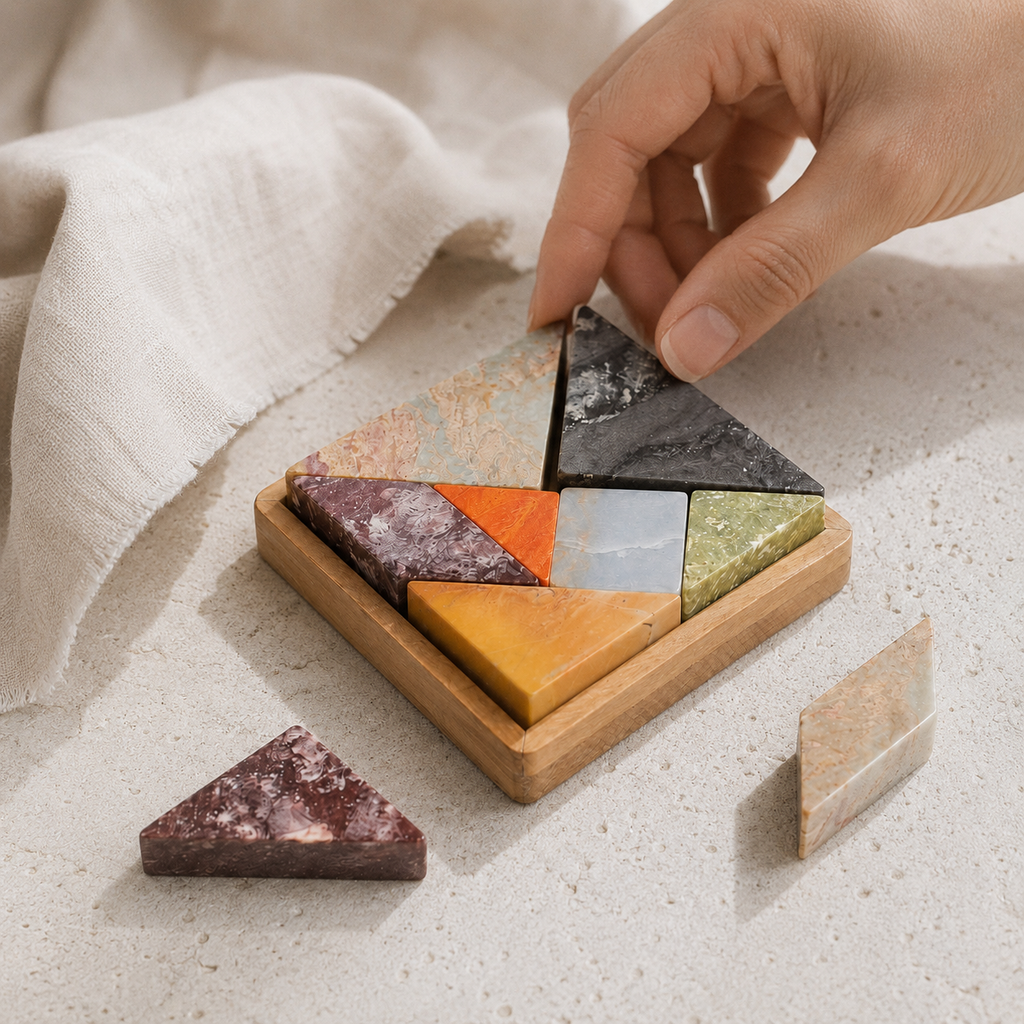 A hand is placing a triangular stone puzzle piece into a wooden tray containing several multicolored geometric stone pieces, with two loose pieces nearby on a light textured surface.