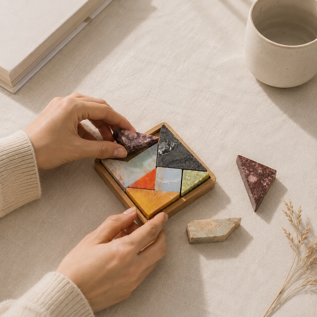 A person's hands are shown assembling a wooden tangram puzzle made of colorful triangular stone pieces on a light beige fabric surface, with a ceramic mug and dried grass in the background.