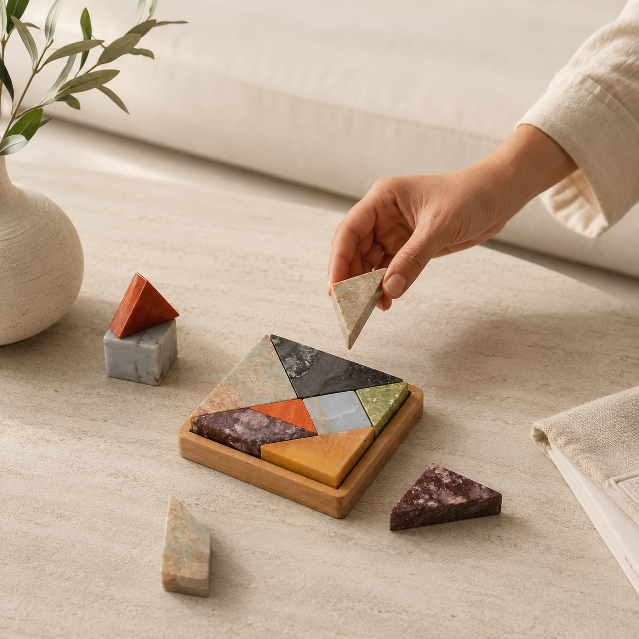 A hand placing a triangular stone tile onto a wooden puzzle board with several geometric stone pieces, styled on a light stone surface near a vase and fabric.