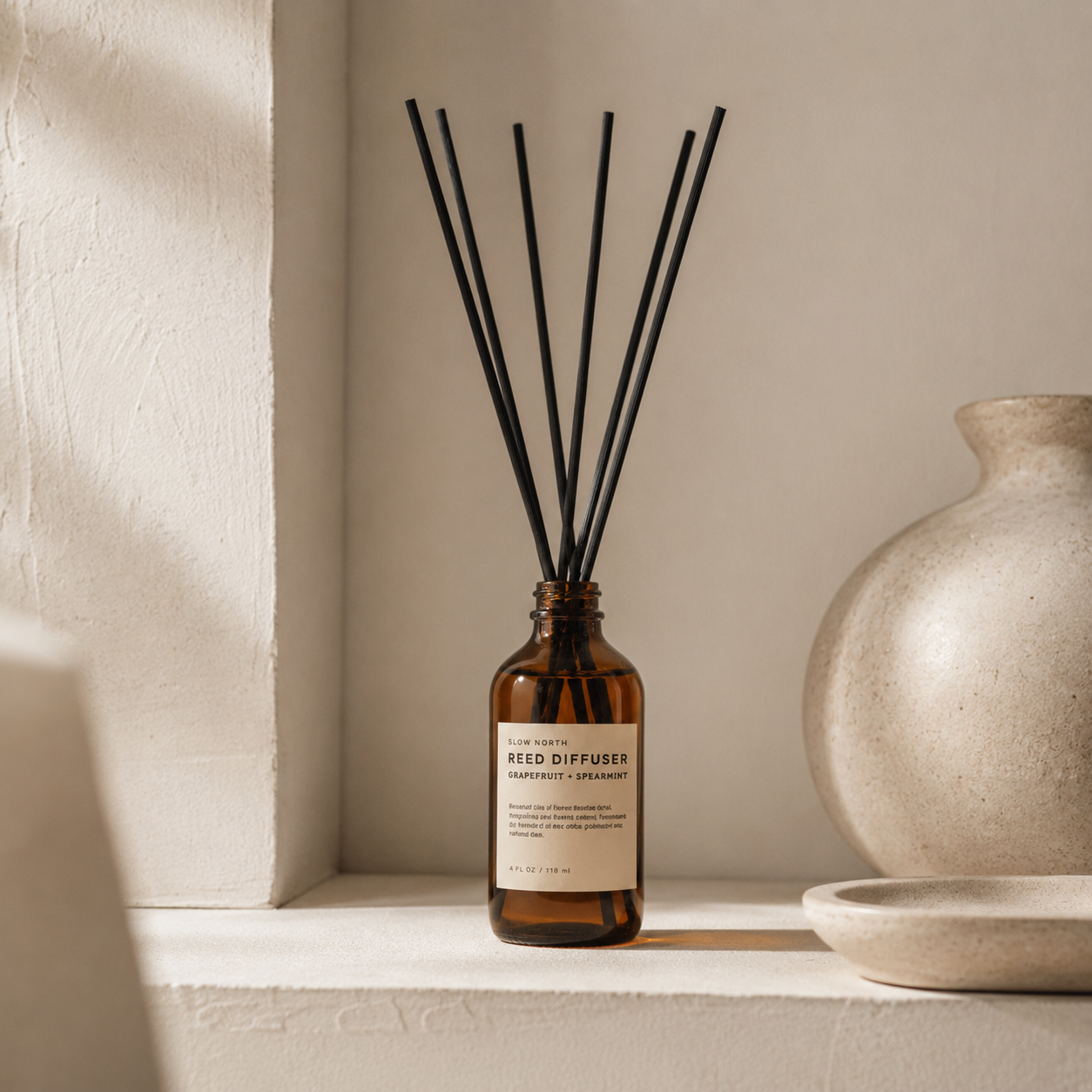 An amber glass reed diffuser bottle with a cream label and several black reed sticks, placed on a light stone ledge beside a textured ceramic vase.